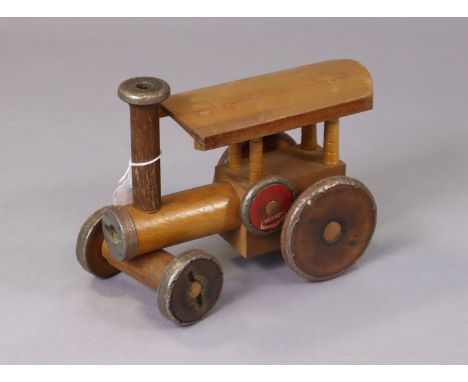 A Roberts &amp; Hirst Ltd of Halifax wooden model steam roller (made from bobbins, pins &amp; old pennine weaving mill artefa