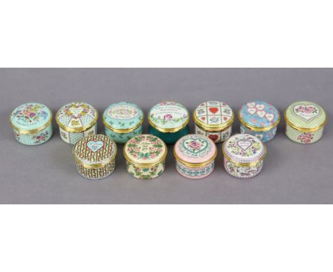 Eleven Halcyon Days valentine-themed enamel boxes, each with stand.
