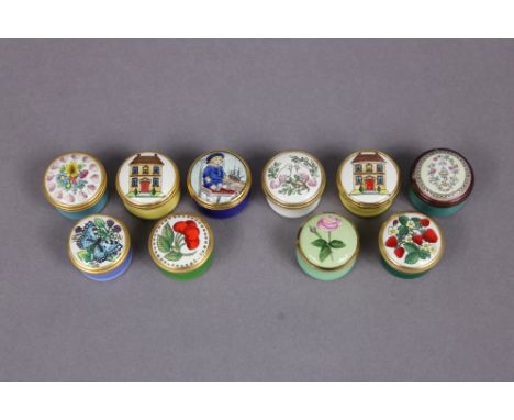 Ten various small enamelled boxes by Halcyon Days Enamels &amp; Bilston &amp; Battersea Enamels depicting floral motifs, hous