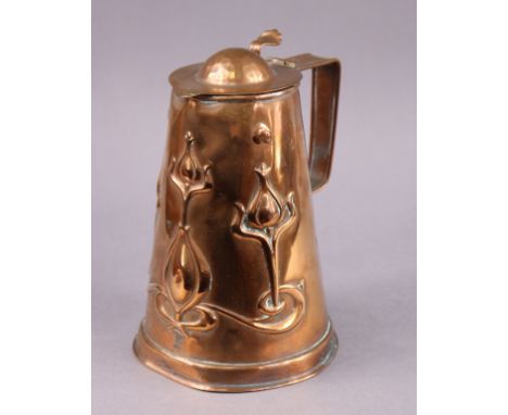 An Arts &amp; Crafts copper lidded jug by John Sankey &amp; Sons, with art nouveau embossed decoration to the tapered body, 1