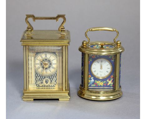 A Halcyon Days Enamels brass carriage timepiece in rectangular case with no-classical decoration, 5.5cm wide x 8cm high; &amp