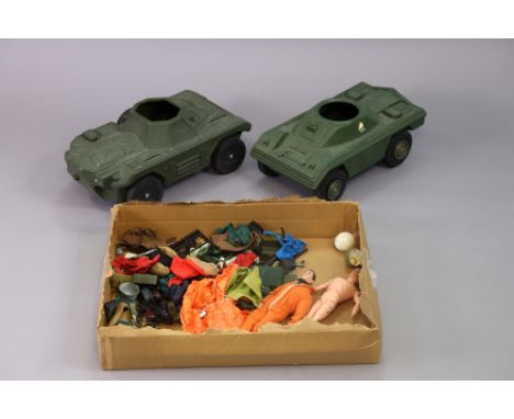 Two Hasbro Action Man figures (both 1964); two Action Man model armoured cars; various other Action Man accessories.