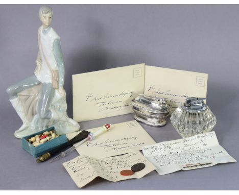 A Victorian glass stirring rod; two desk lighters; a Lladro type figure; &amp; sundry other items. 