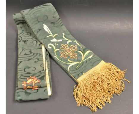Ecclesiastical Interest - a clergyman's fascia or sash, green brocade, the edges with a crucifix in gold coloured threads cen