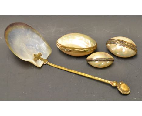 A Victorian pearl shell box, gilt brass mounts, 7cm wide, c.1880; others, smaller (2); a conforming spoon (4)
