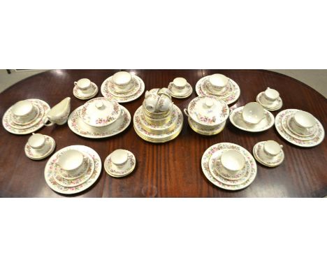 An extensive Wedgwood Downland pattern dinner and tea service, comprising tureen and cover, oval meat platter, dinner and sid