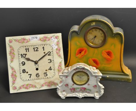 A German ceramic tile wall clock, 8 day, Arabic numerals, printed with Roses, a German porcelain miniature mantle clock, a 19