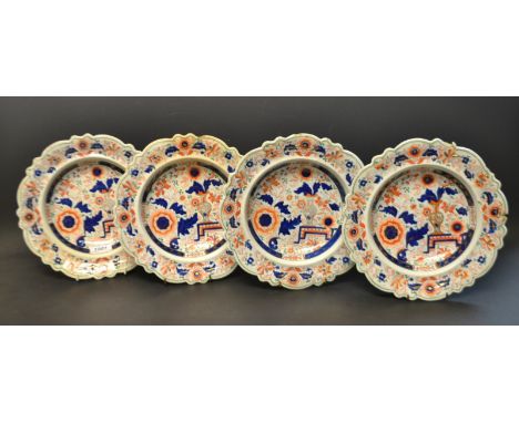 A set of four early Victorian Ashworth Brothers ironstone soup bowls, transfer printed and painted with oriental style floral