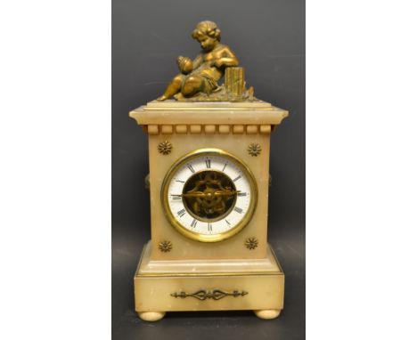 A French Alabaster mantle clock, Farcot Brothers, Paris, surmounted with a gilt brass Putto, white enamel chapter ring, Roman