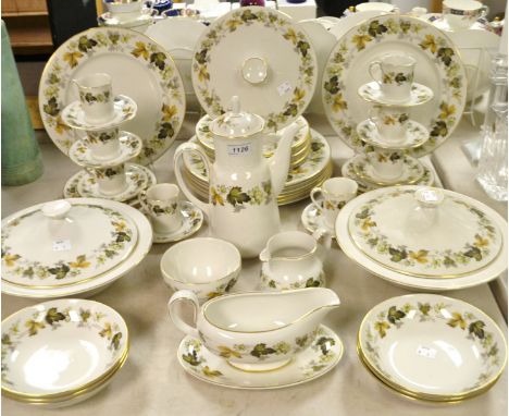 A Royal Doulton Larchmont pattern part dinner and coffee service, coffee pot, cream and sugar, eight coffee cans and saucers,