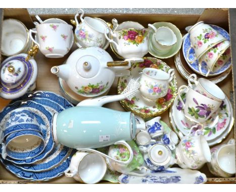 A set of five Royal Albert Old Country Roses teacups and saucers; other Staffordshire teacups and saucers; a miniature blue a