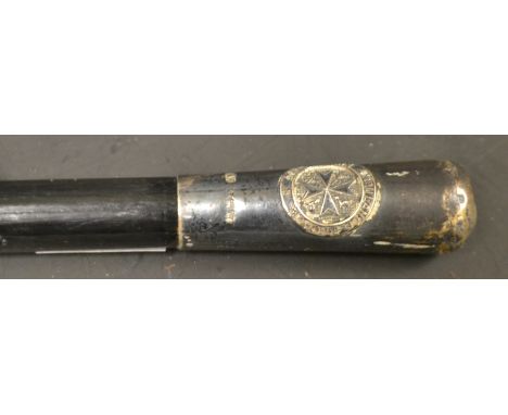 A silver mounted St Johns Ambulance parade stick, silver end caps, black lacquered malacca shaft, Birmingham 1946