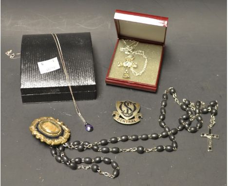Jewellery - a silver amethyst and paste pendant necklace; another, cross pendant; an early Victorian pinchbeck and enamelled 