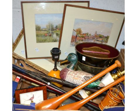 Boxes and Objects - a stained beech whisky stick; an ebonised walking stick with tribal carving; a Cloisonne dish with cover;