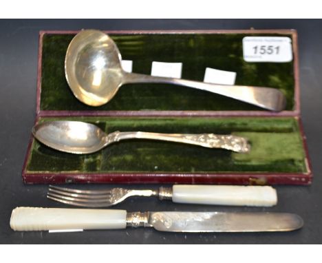 A George III silver sauce ladle, gilded bowl, London, c.1870; a composed Christening set, comprising 'George II' silver and m