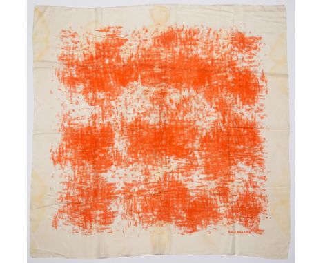 Balenciaga. Women's natural silk scarf in white printed with an orange pattern, trimmed with a small fringe.There are quite a
