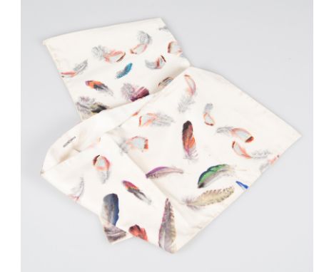 Hermès. Paris. Double-layer white silk scarf with a colourful feather print.There are some stains.Vintage.91 x 21 cm.