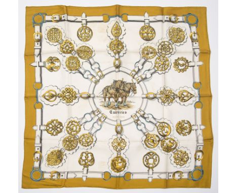 Hermès. Paris. "Cuivreries". Women's natural silk scarf with printed design.Designed by F. de La Perriere.It is stained.Vinta