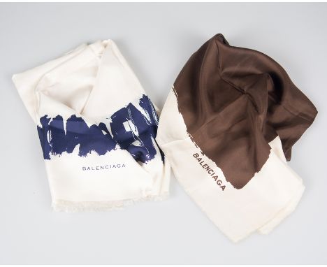 Balenciaga. Set of two women's silk scarves, trimmed with a small fringe.In the following colours, patterns, and measurements