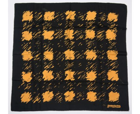 Balenciaga. Women's printed natural silk scarf in black and ochre, trimmed with a small fringe.Vintage.85 x 83 cm.