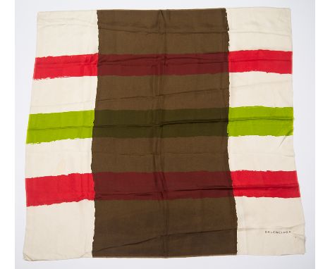 Balenciaga. Women's natural silk scarf in white printed with a dark brown, red and pear green pattern, trimmed with a small f