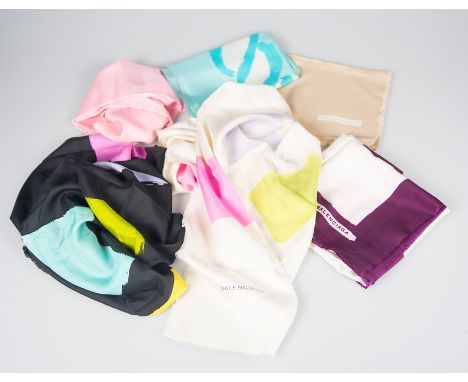 Balenciaga. Set of six women’s silk scarves, trimmed with a small fringe. They have quite a few stains.In the following colou