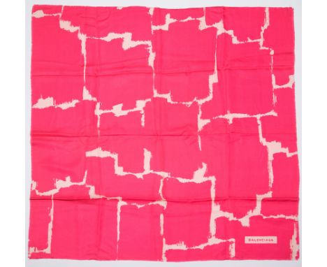 Balenciaga. Women's natural silk scarf in white printed with a bubble gum pink&nbsp; pattern, trimmed with a small fringe.Vin