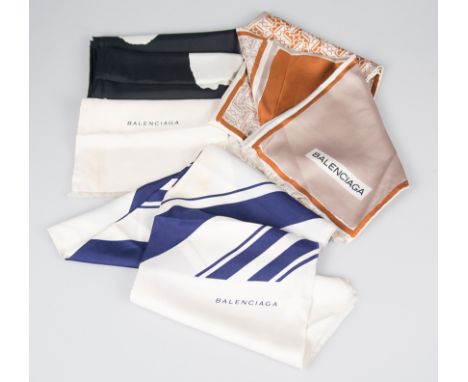 Balenciaga. Set of three women's printed silk scarves.In the following colours:-White with diagonal stripes in navy blue. Tri
