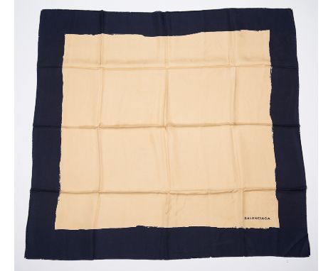Balenciaga. Women's printed natural silk scarf in beige with a purplish blue border, trimmed with a small fringe.Slightly sta