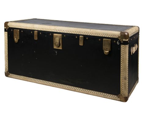 Large travel trunk made of wood, metal, leather, and gilded metal fittings. 1920s - 30s.Vintage.The key is missing and the lo