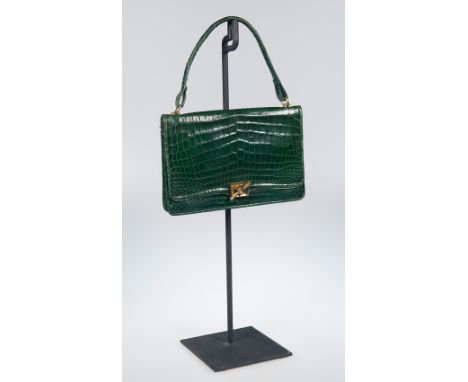 Jane Brake. Paris. Green, crocodile bag with gilded trimming. Circa 1950 - 1960.Vintage.