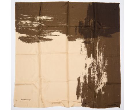 Balenciaga. Women's printed natural silk scarf in tobacco brown and beige, trimmed with a small fringe.Vintage.82 x 82 cm.