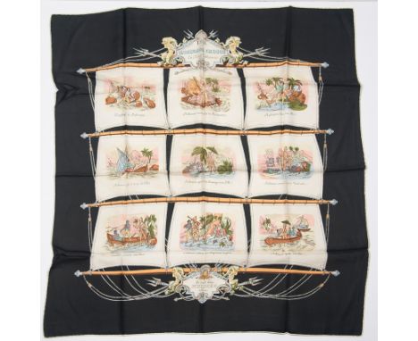 Hermès. Paris. "L'Ile de Robinson Crusoé en neuf tableaux". Women's natural silk scarf with printed design.Vintage.87 x 82 cm