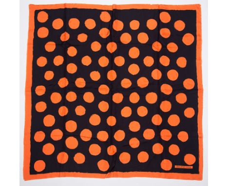Balenciaga. Women's patterned natural silk scarf in black with large orange polka-dots, trimmed with a small fringe.Vintage.9