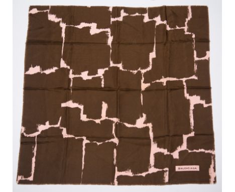 Balenciaga. Women's printed natural silk scarf in chocolate brown and dusty pink, trimmed with a small fringe.Slightly staine