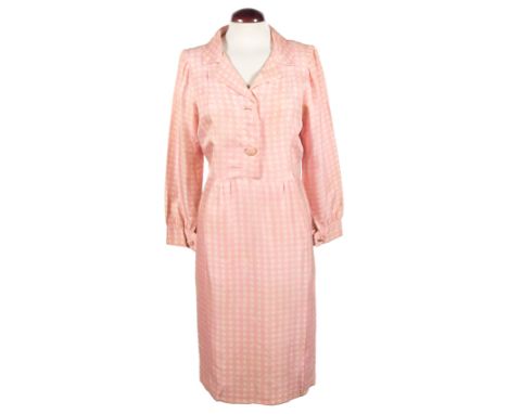 Balenciaga. 10 Avenue George V, Paris.&nbsp;Haute couture. Circa 1960 - 1965. Pink and white shirt dress in printed silk twil