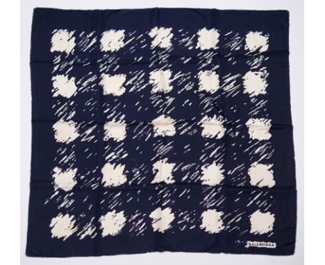 Balenciaga. Women's printed natural silk scarf in purple-blue, trimmed with a small fringe.Slightly stained.Vintage.85 x 84 c