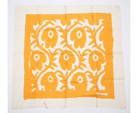 Balenciaga. Women's printed natural silk scarf in pale ochre, trimmed with a small fringe.Slightly stained.Vintage.88 x 85 cm