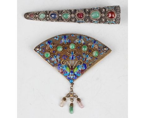 A Chinese silver gilt, enamelled and jade set brooch in the form of a fan, length 7cm, together with a Chinese silver, enamel