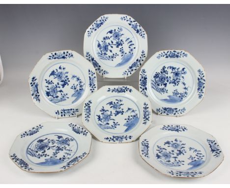 A set of six Chinese blue and white export porcelain octagonal plates, Qianlong period, each painted with flowers, widths 22.