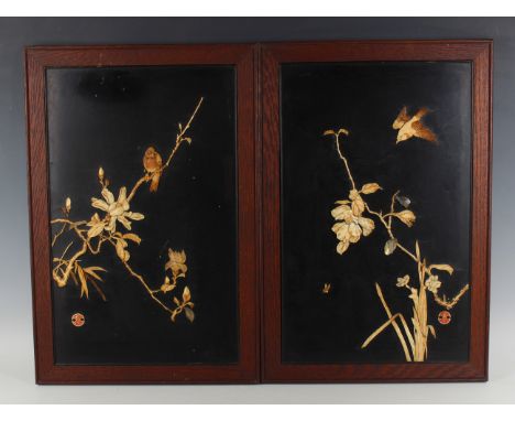 A pair of Japanese inlaid lacquer rectangular panels, Meiji/Taisho period, each inlaid in bone, ivory and mother-of-pearl wit