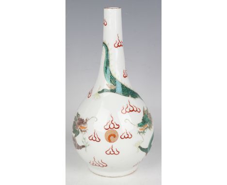 A Chinese famille verte porcelain bottle vase, mark of Guangxu but probably later 20th century, painted with a pair of opposi