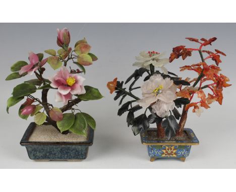 A Chinese hardstone flower arrangement, 20th century, designed as an acer and a peony, contained within a cloisonné planter w