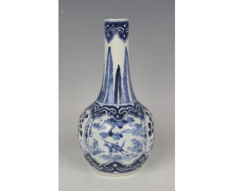 A Chinese blue and white porcelain bottle vase, mark of Kangxi but late 19th century, the globular body painted with panels o