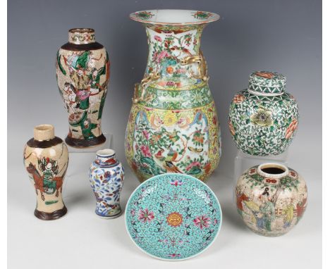 A collection of Chinese porcelain, late 19th century and later, including a Canton famille rose vase, painted with birds, but