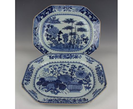 Two Chinese blue and white export porcelain meat dishes, Qianlong period, each of canted corner form, the first painted with 