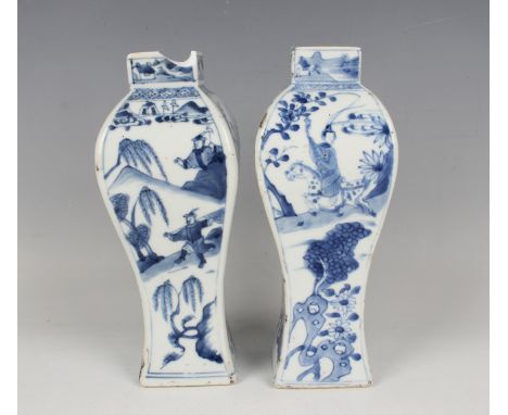 A pair of Chinese blue and white export porcelain vases, Kangxi period, of square baluster form, painted with figures and hor