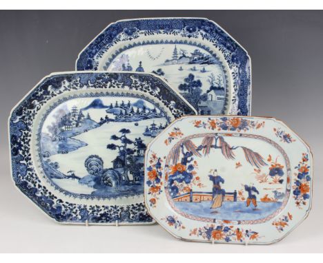 A collection of Chinese export porcelain, mostly Qianlong period, including an Imari meat dish, painted with a maiden and boy