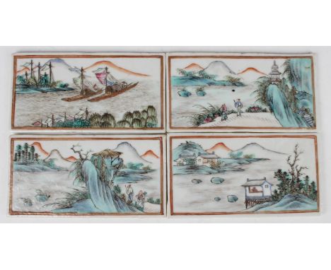 A set of four Chinese famille rose porcelain rectangular plaques, late Qing dynasty, each painted with a landscape scene with