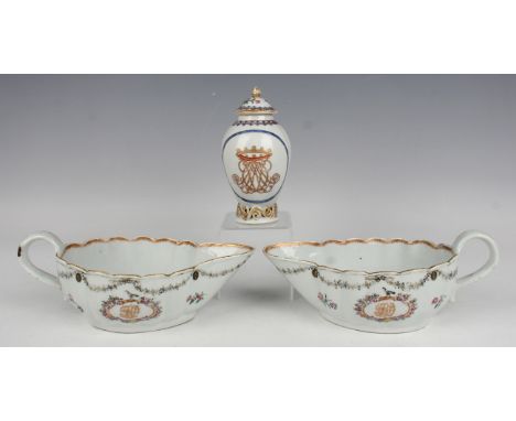 A pair of Chinese famille rose armorial export porcelain sauceboats, Qianlong period, each of lobed outline, the exterior pai